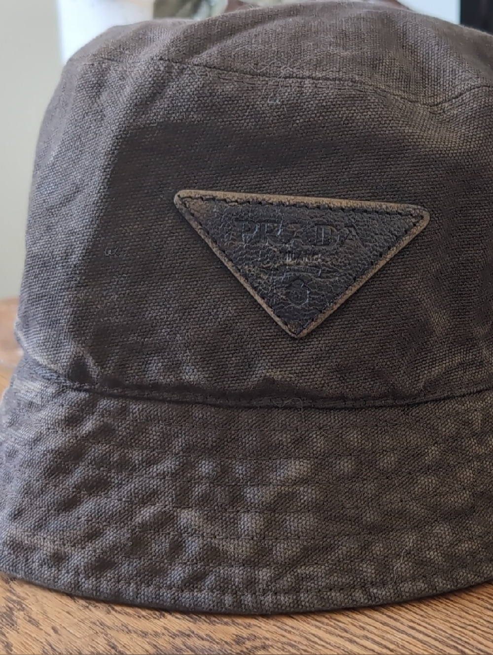 Authentic Prada Distressed Leather Triangle Logo Patch Bucket Hat